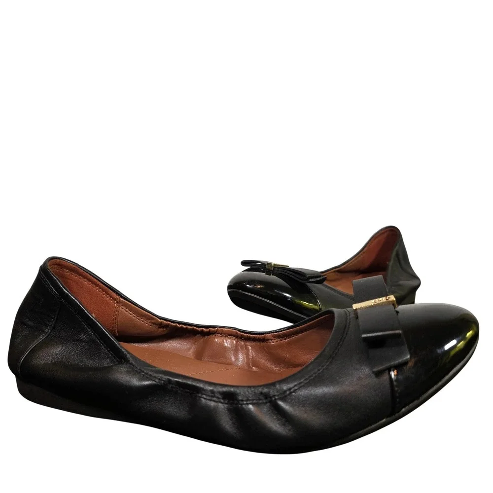 COLE HAAN Women's 11 Black Leather Tali Bow Ballet Flats Patent Cap‎ Toe